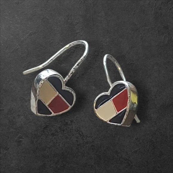 Vintage Heart Mosaic Enamel Earrings Red, Black, Cream French Hoop Slight Dangle - Picture 1 of 5
